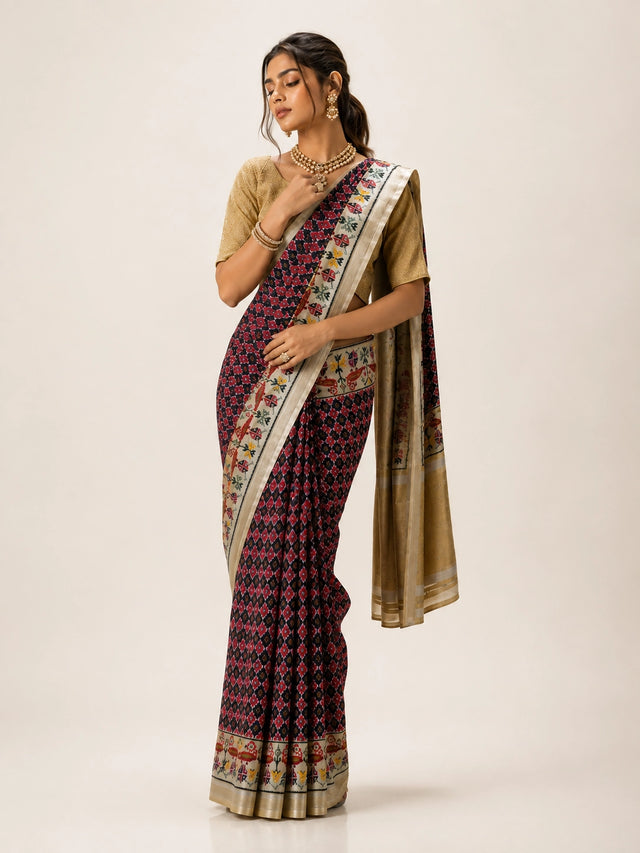 Woman wearing a purple ikat saree with a golden blouse and traditional jewelry.