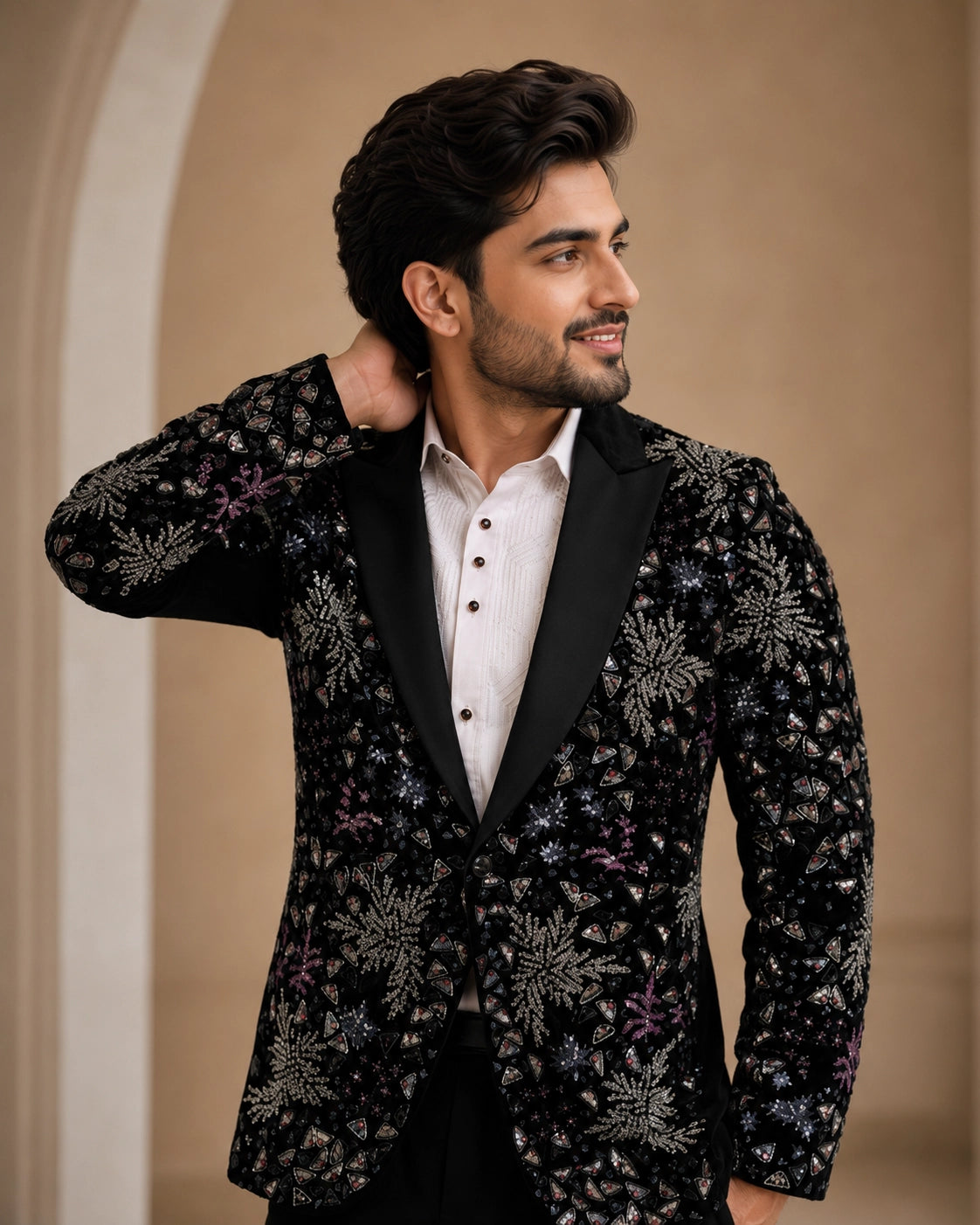 A classic black taxido suit, perfect for formal events, showcasing elegant tailoring and a sophisticated look.