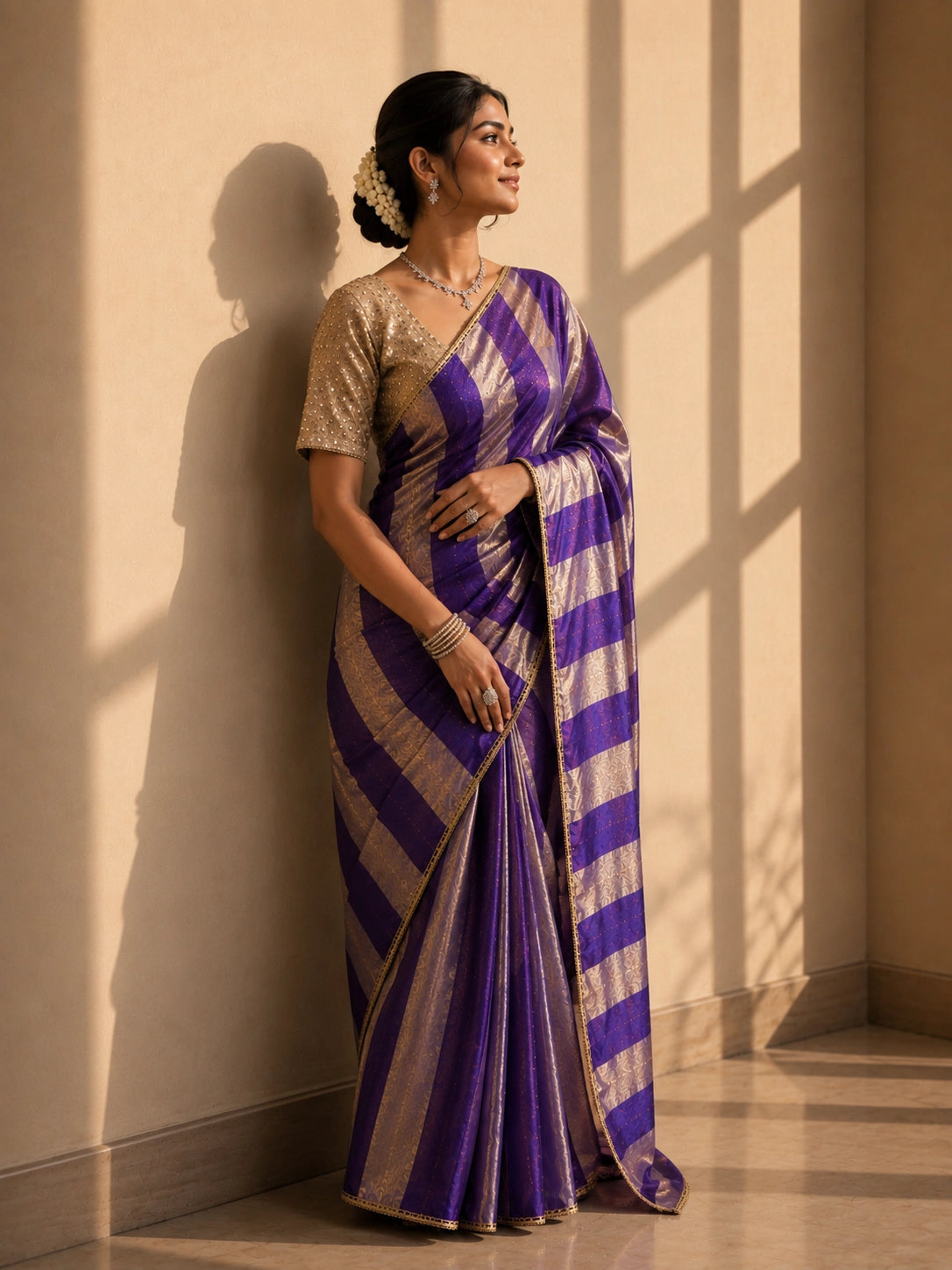 Woman in a luxurious purple and gold striped saree with an embellished golden blouse.