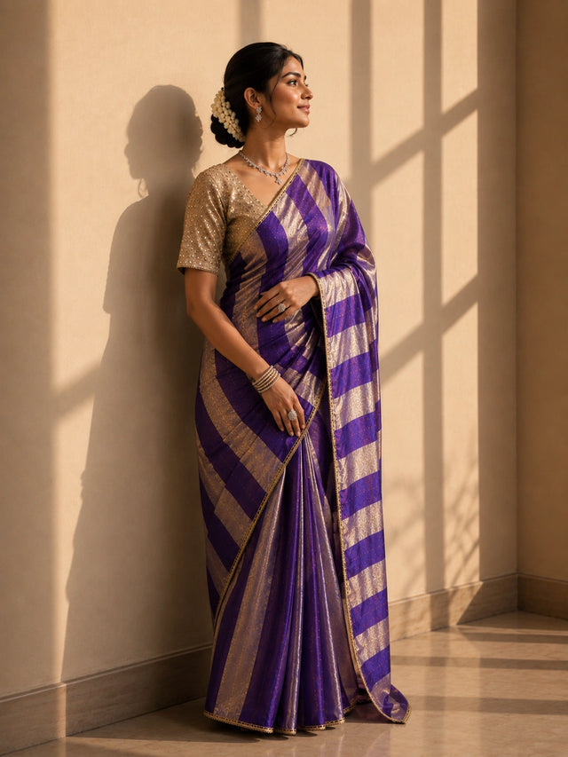 Woman in a luxurious purple and gold striped saree with an embellished golden blouse.