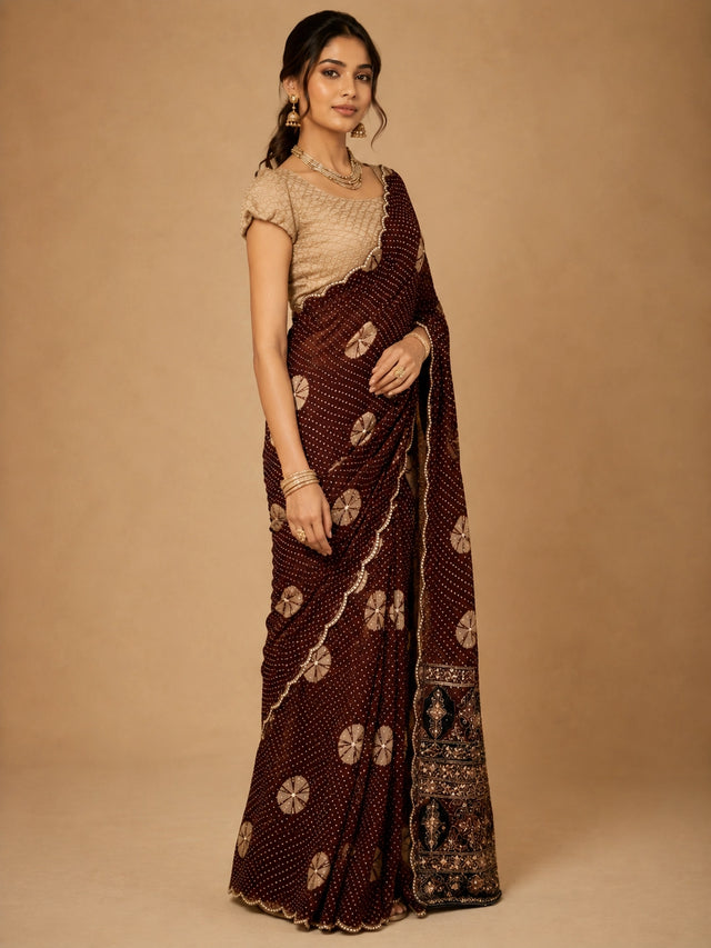Woman in maroon bandhani saree with golden blouse and traditional jewelry.
