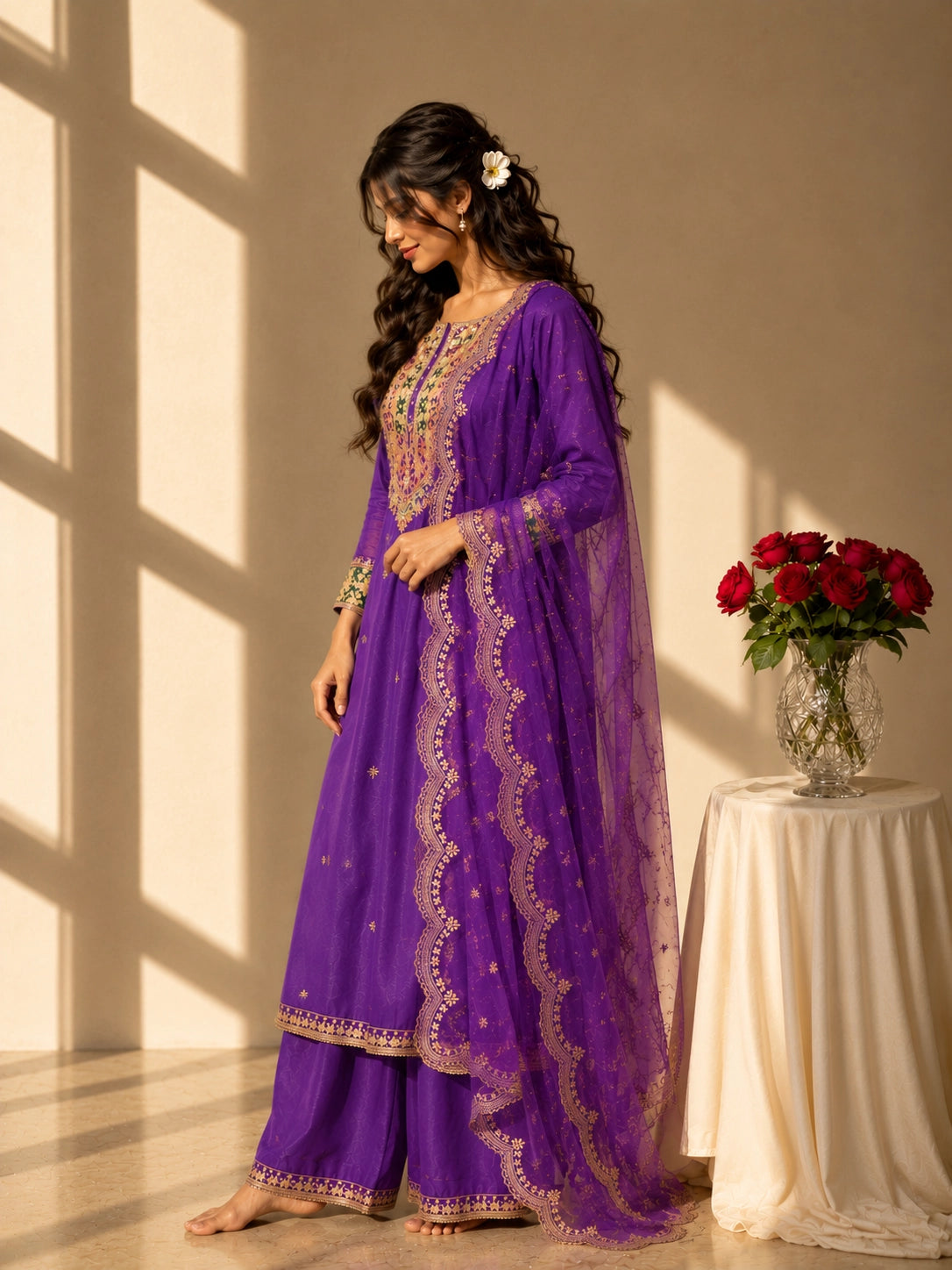 Elegant purple RM palazzo suit featuring detailed gold embroidery and a sheer scalloped dupatta.