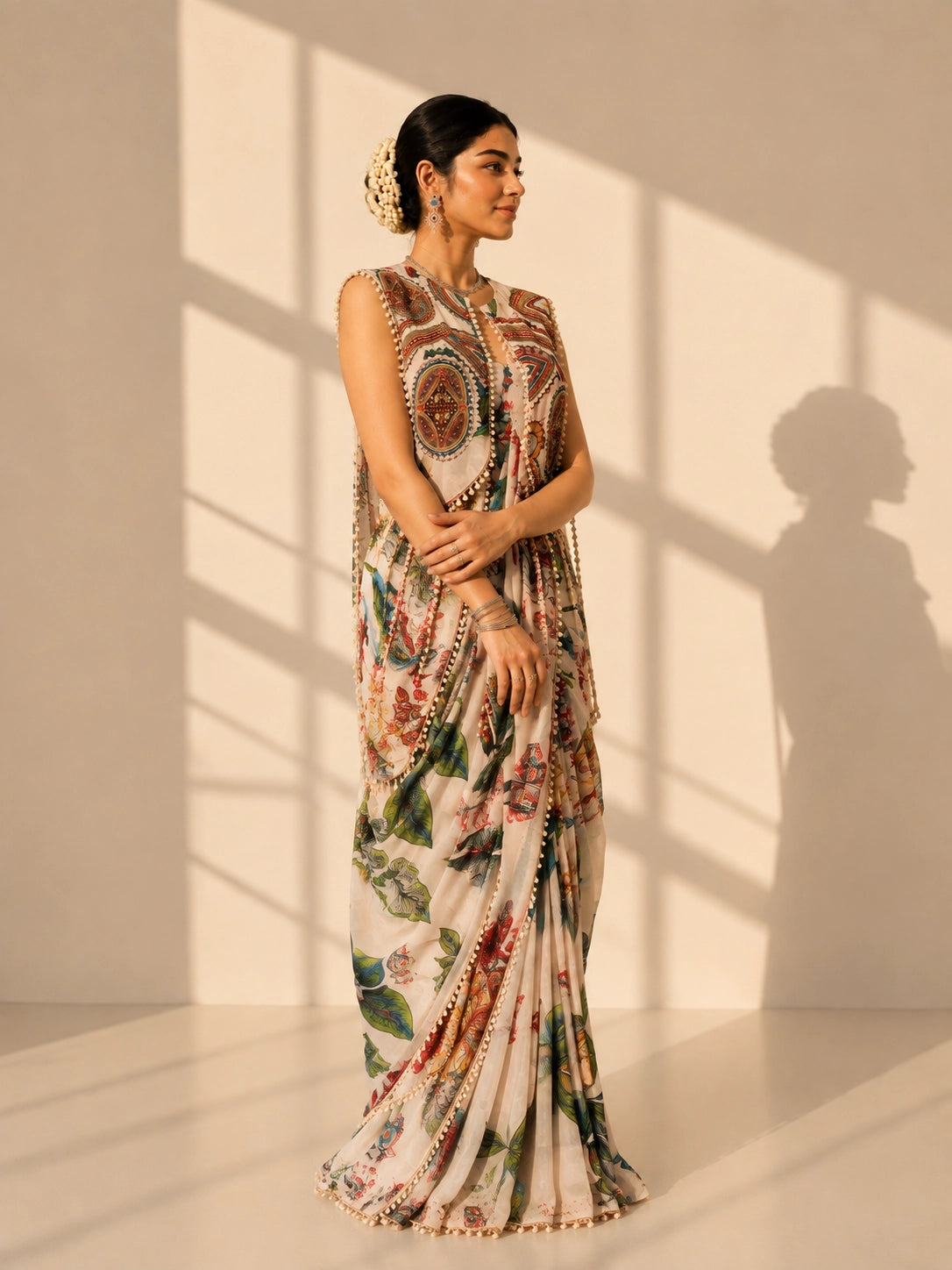Woman in a cream floral draped saree with a sleeveless, embellished ethnic print jacket.