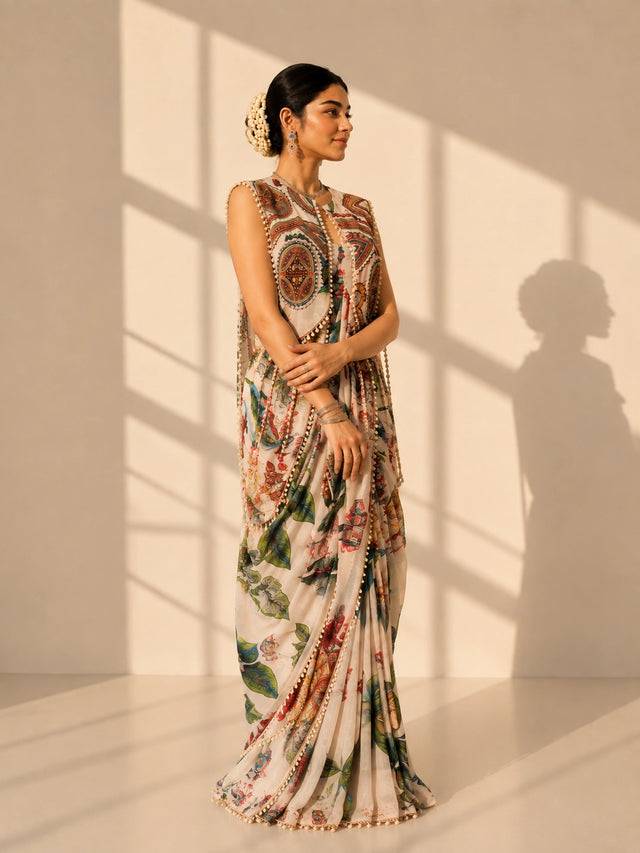 Woman in a cream floral draped saree with a sleeveless, embellished ethnic print jacket.