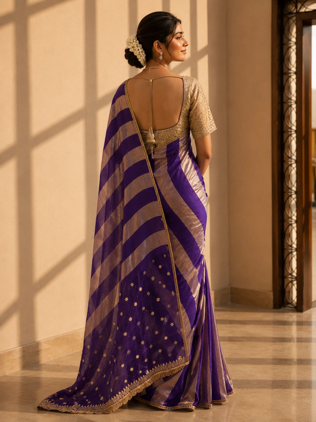 Woman in a luxurious purple and gold striped saree with an embellished golden blouse.