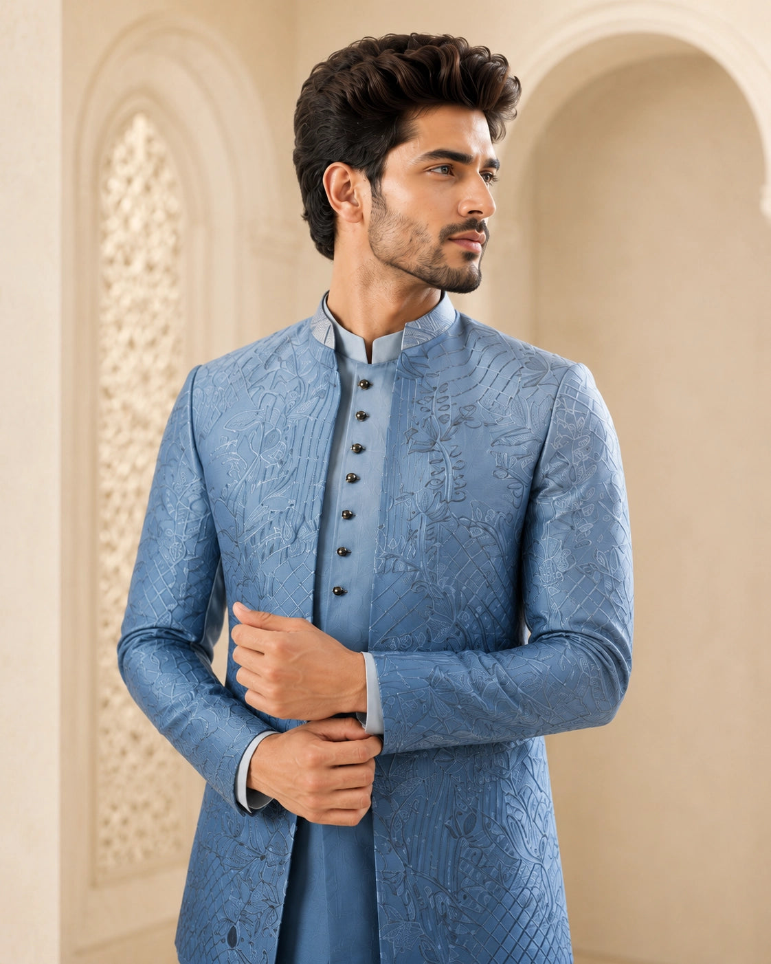 A woman wearing an elegant teal Indowestern outfit, showcasing intricate details and a flattering silhouette.