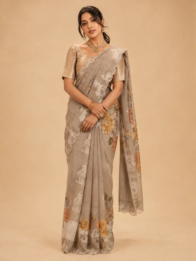 Woman wearing an elegant  peach floral saree with animal motifs and a golden blouse.