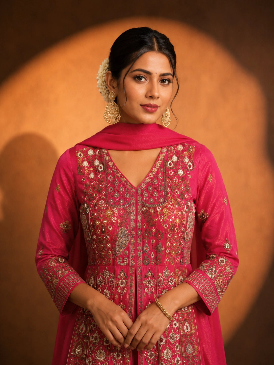 Woman in a vibrant rani pink embroidered kurti set with a flowing silhouette.