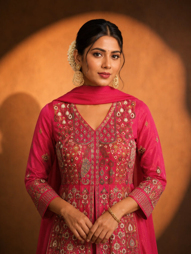 Woman in a vibrant rani pink embroidered kurti set with a flowing silhouette.