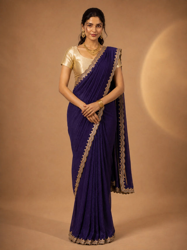 Woman wearing a vibrant purple pleated saree with an embellished border and a golden blouse.