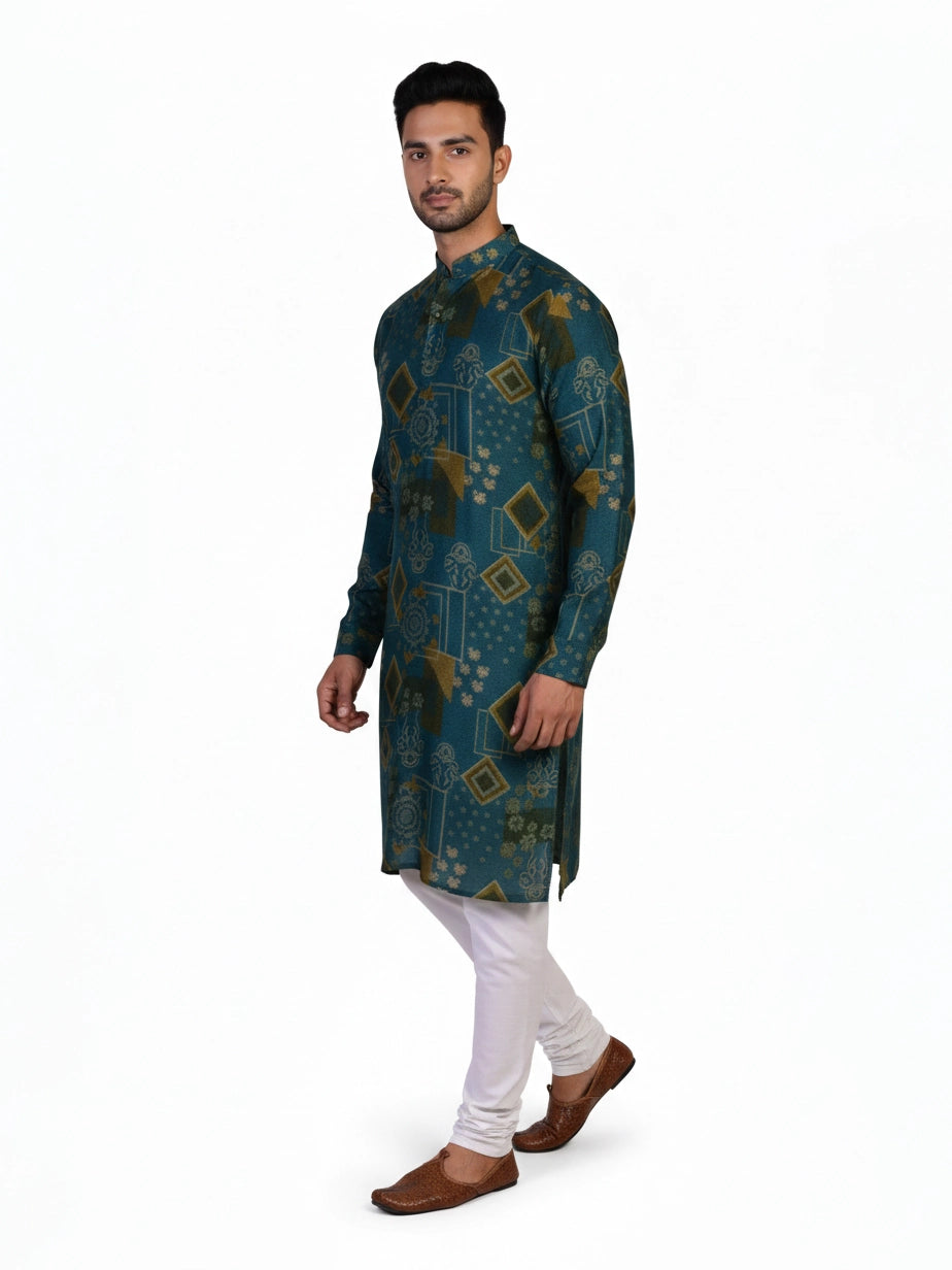 Man wearing a teal kurta with a multi-color geometric print and white pants, standing against a white background.