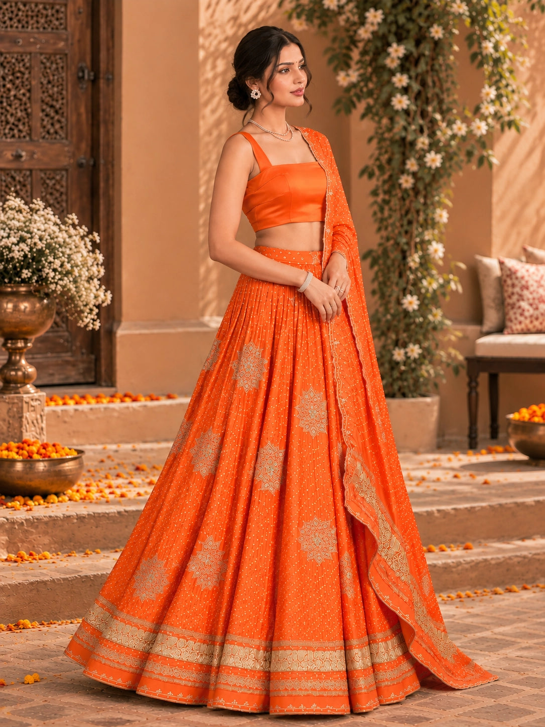 Woman wearing a vibrant rust orange embroidered lehenga choli set with a matching dupatta.