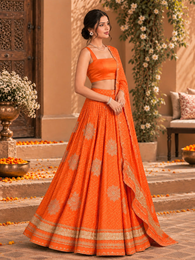 Woman wearing a vibrant rust orange embroidered lehenga choli set with a matching dupatta.
