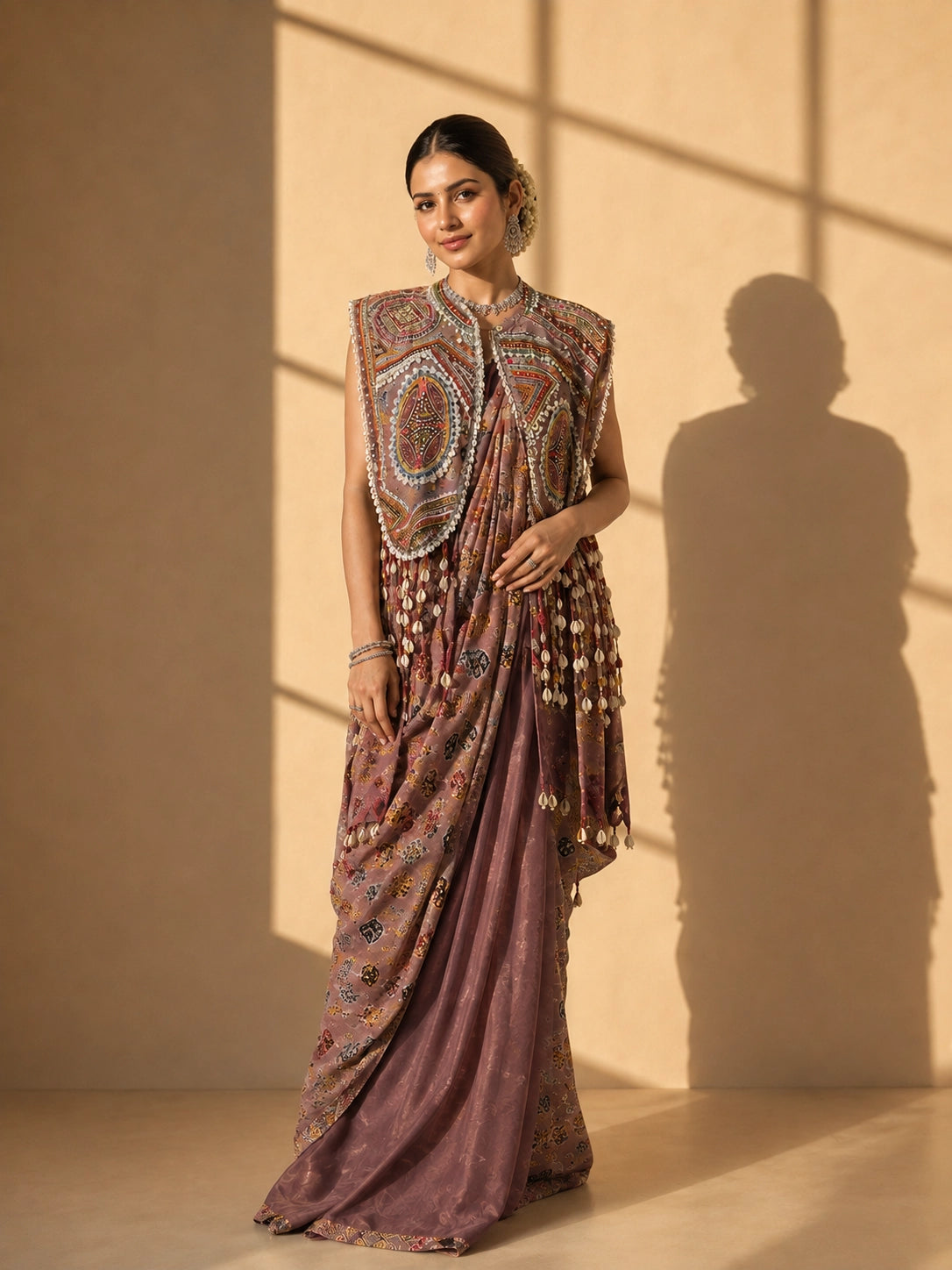 Woman in elegant brown S3 printed saree with intricately embroidered sleeveless jacket.