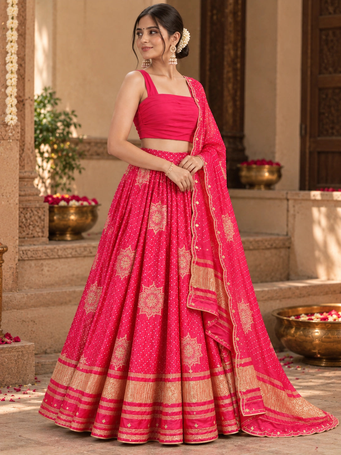 Woman wearing a vibrant RANI pink lehenga choli with gold patterns and a matching dupatta.