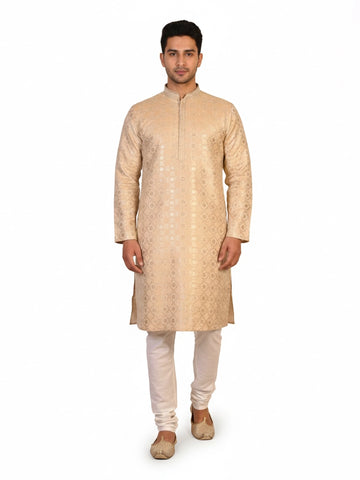 Man wearing a multi-color jacquard woven Kurta Pajama with a mandarin collar and matching pants.