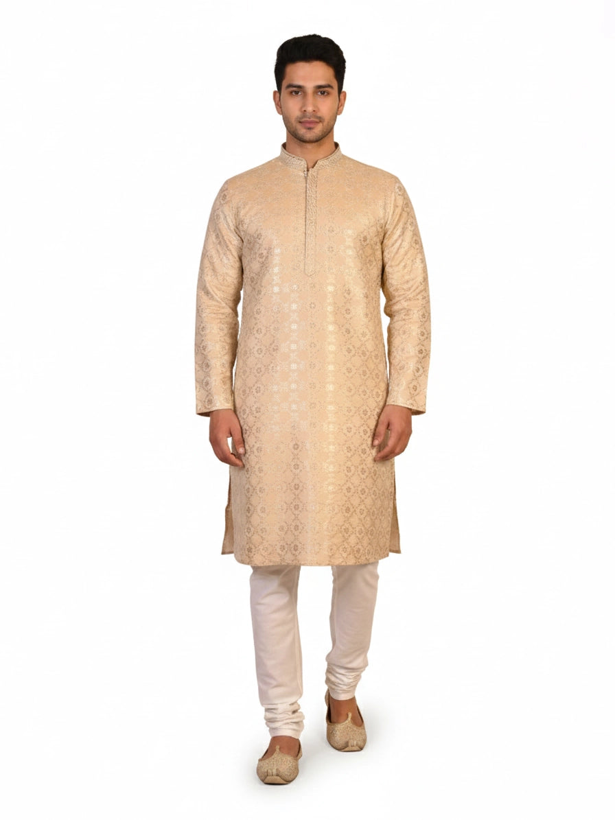 Man wearing a multi-color jacquard woven Kurta Pajama with a mandarin collar and matching pants.