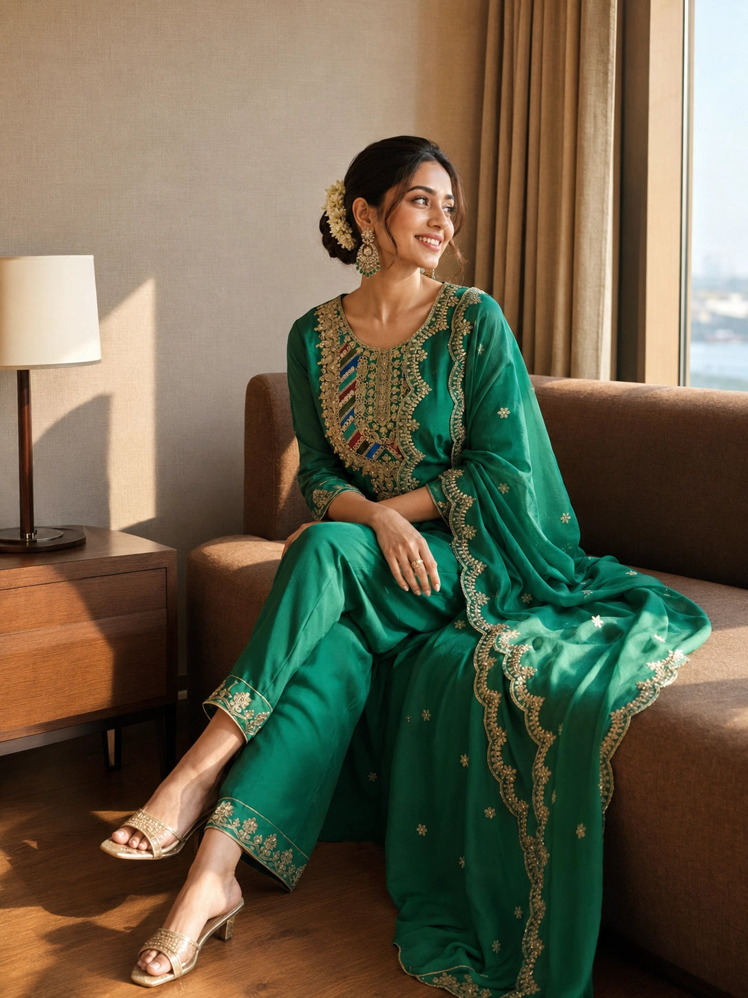 Woman in an emerald green ethnic suit with intricate gold embroidery and matching dupatta.