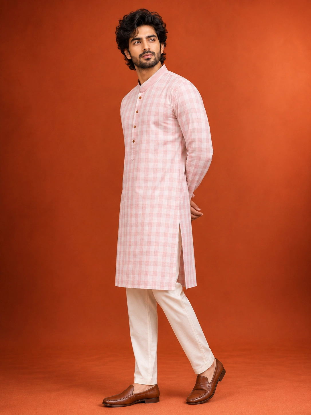 Man wearing a light pink checked kurta with a band collar and white pajama.
