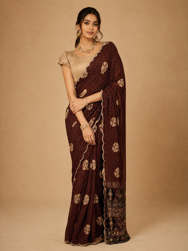 Woman in maroon bandhani saree with golden blouse and traditional jewelry.