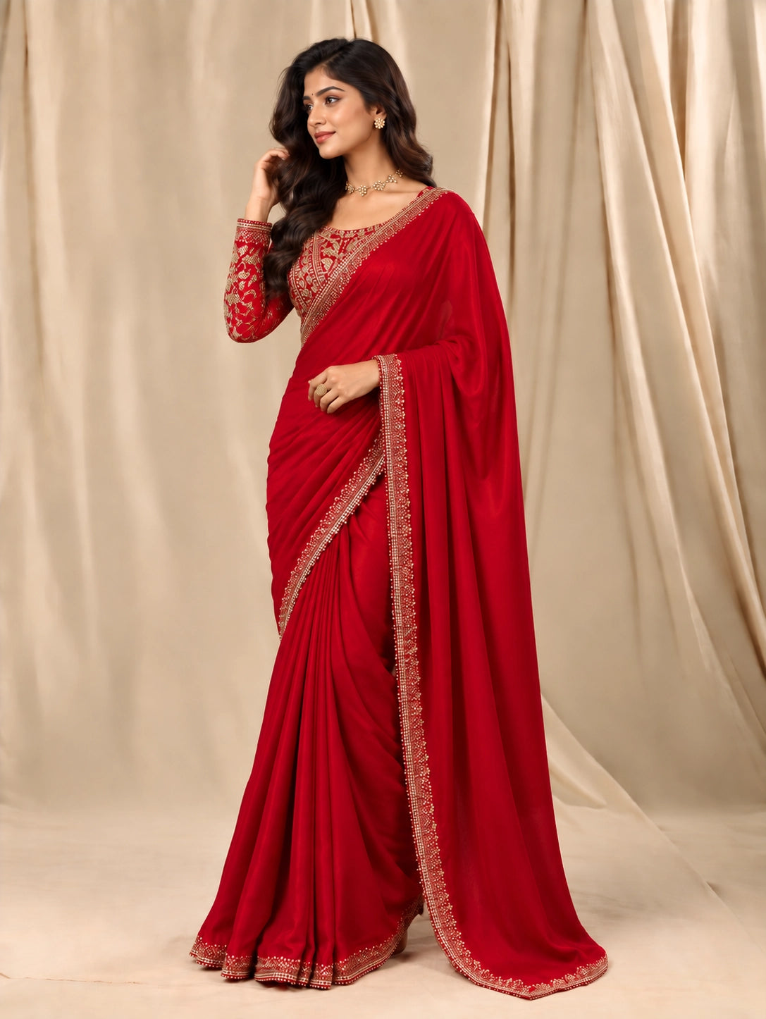Elegant woman in a Rani red  saree with intricate gold embroidered blouse.