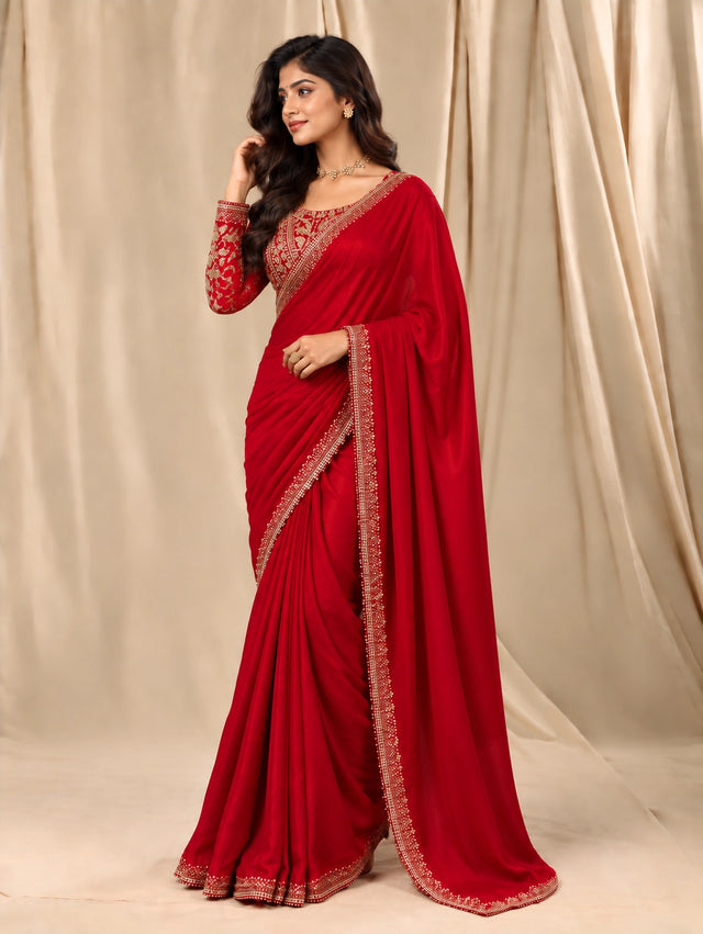 Elegant woman in a Rani red  saree with intricate gold embroidered blouse.