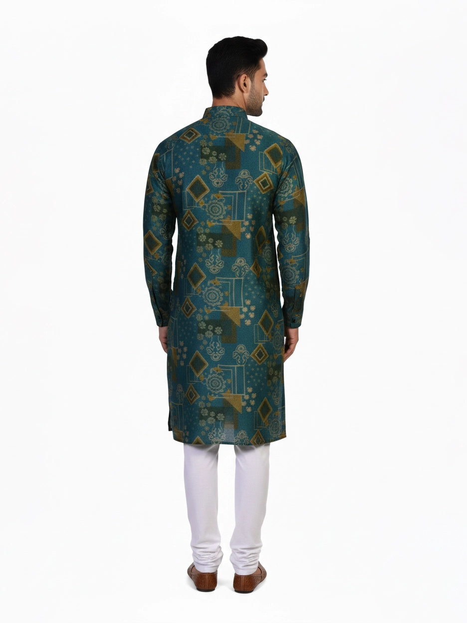 Man wearing a teal kurta with a multi-color geometric print and white pants, standing against a white background.