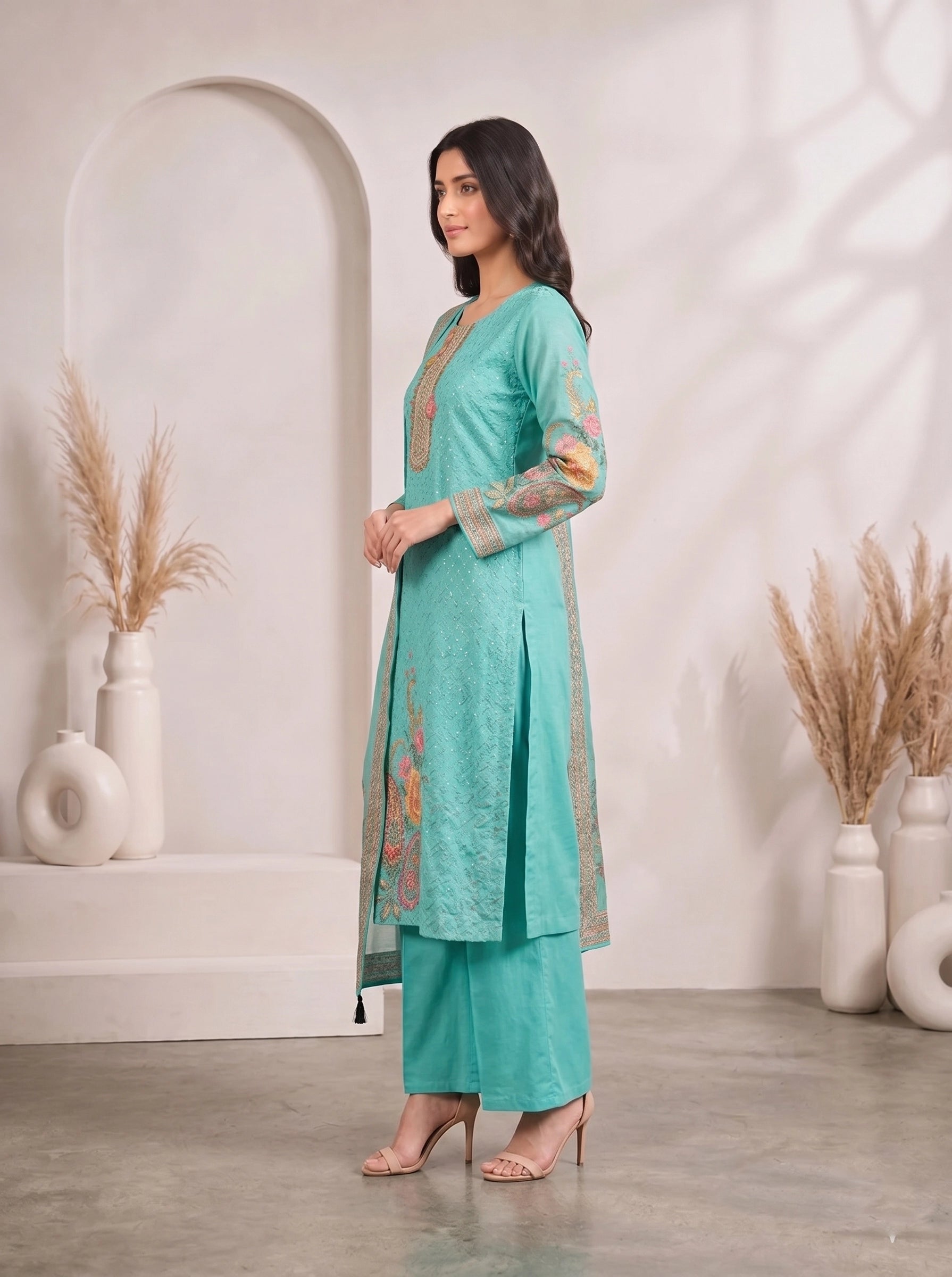 Woman wearing a teal kurti set with floral prints and matching palazzo pants, draped with a dupatta.