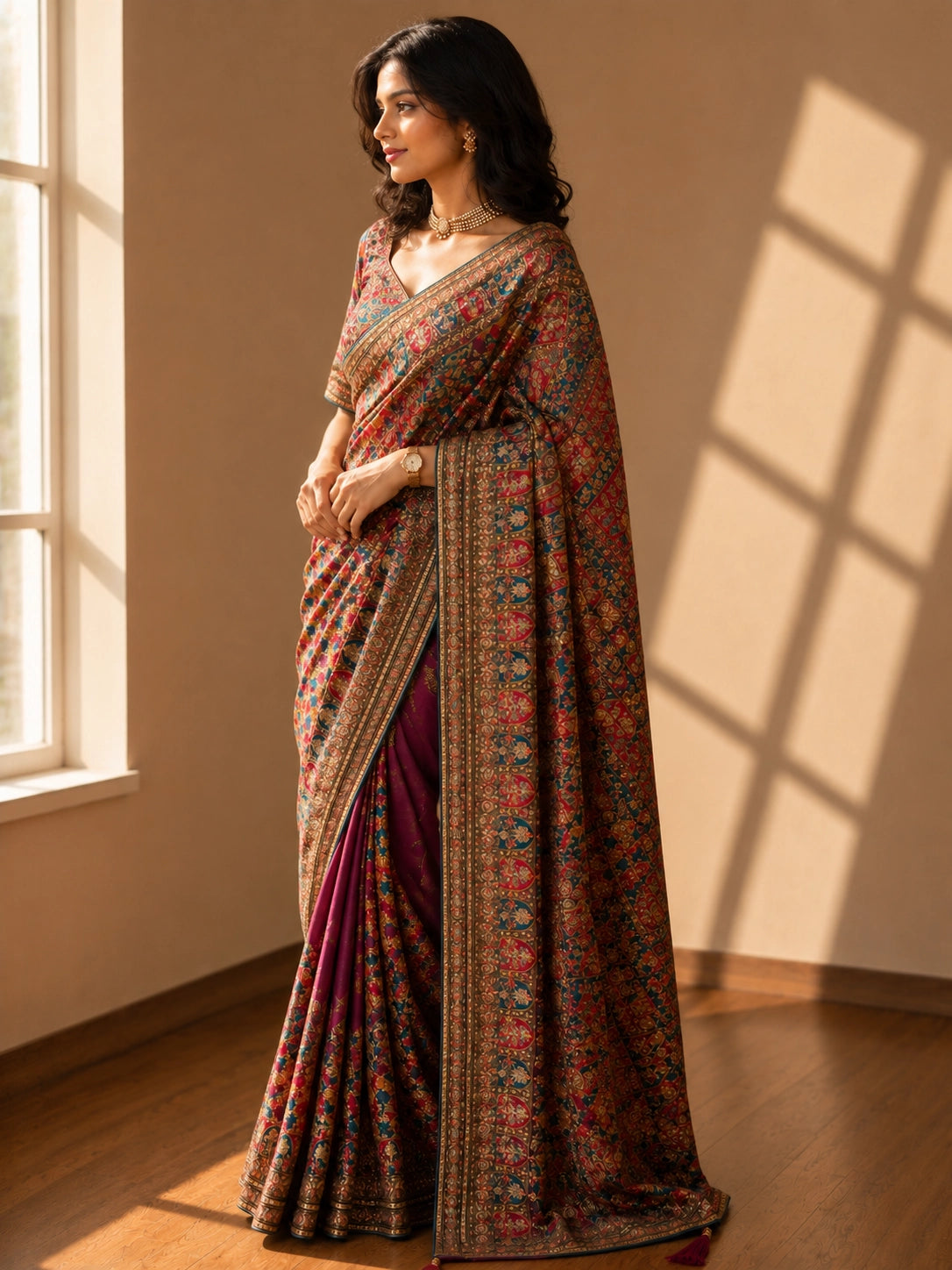 Woman in a luxurious purple S3 embroidered saree with intricate floral patterns.