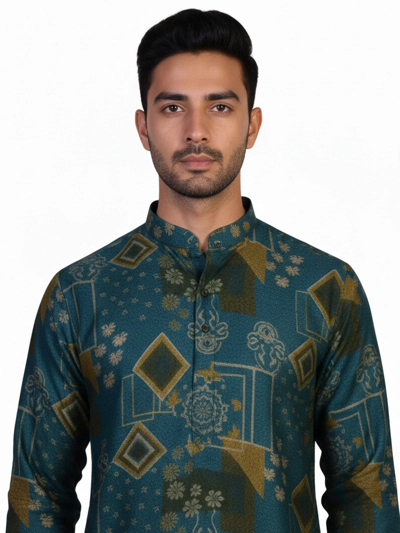 Man wearing a teal kurta with a multi-color geometric print and white pants, standing against a white background.