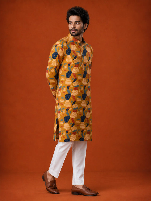Man wearing a mustard kurta with blue, red, and white geometric print and white pajama.