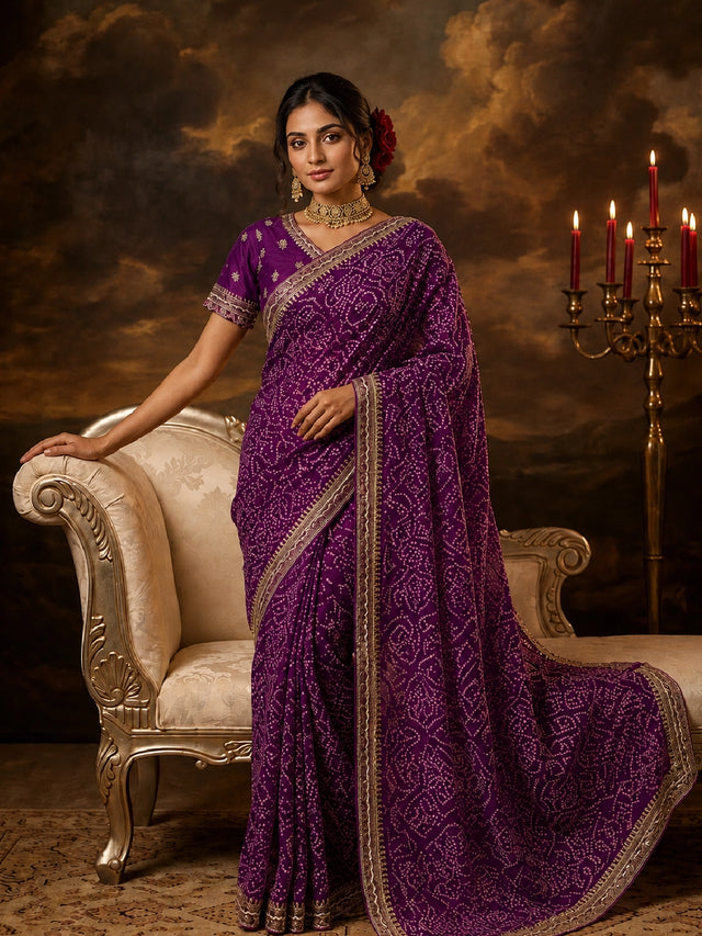 Woman in a vibrant purple Bandhani saree with gold borders and a matching embroidered blouse.