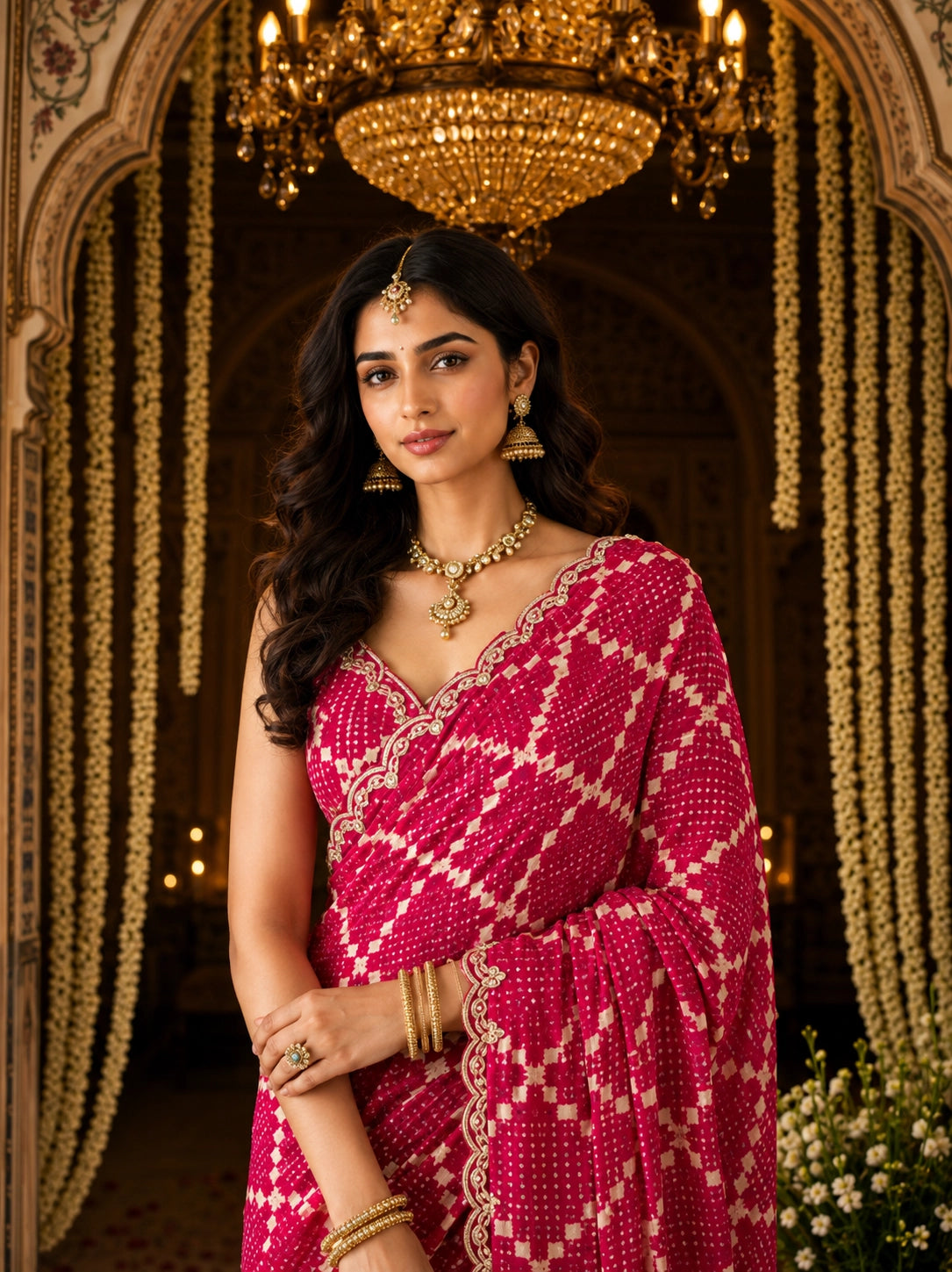 Woman in a vibrant RANI  bandhani saree with a delicate scalloped border.