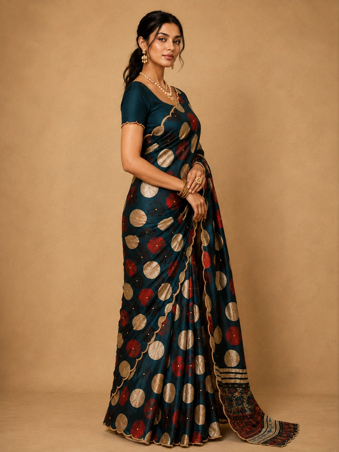 Elegant grey  saree with gold and red polka dots and scalloped border.
