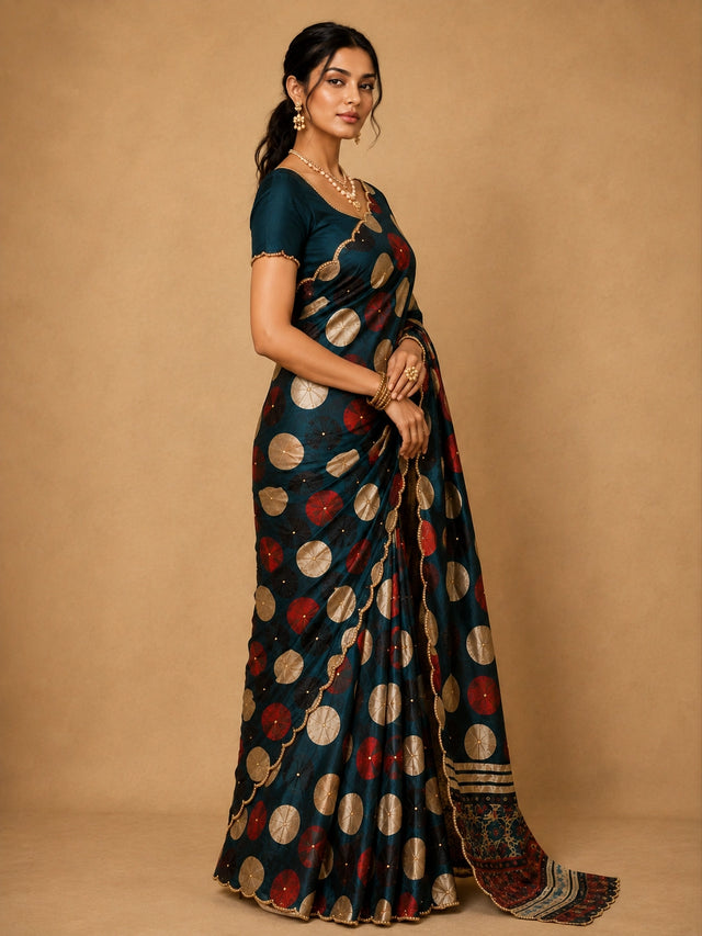 Elegant grey  saree with gold and red polka dots and scalloped border.