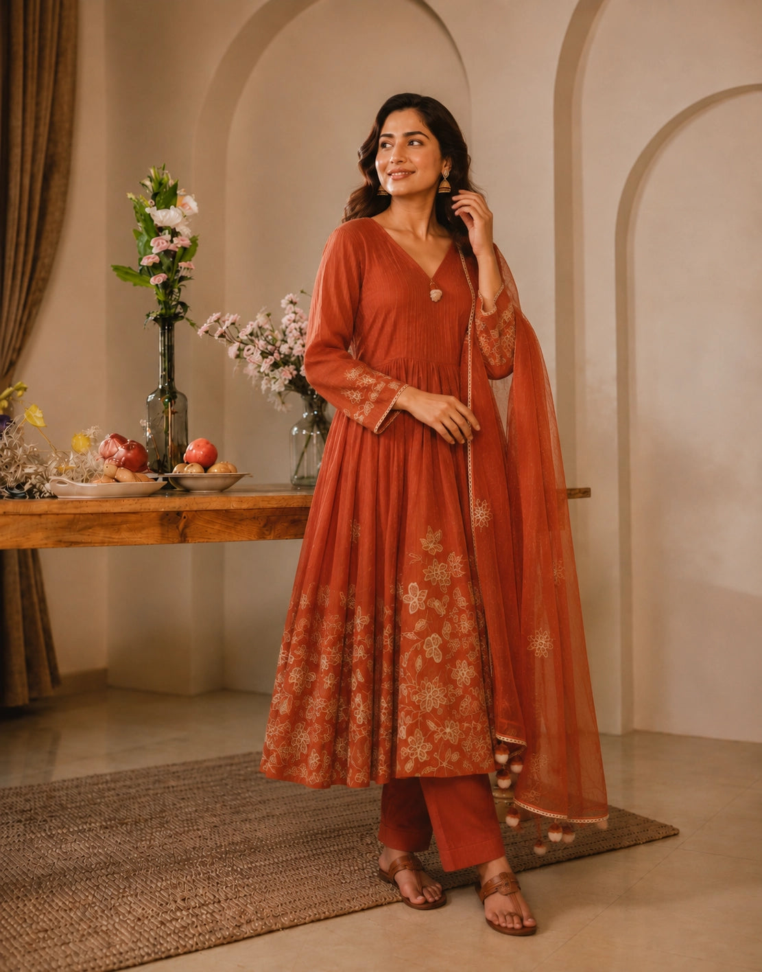 Woman smiling in a rust embroidered Anarkali kurti set with matching dupatta.
