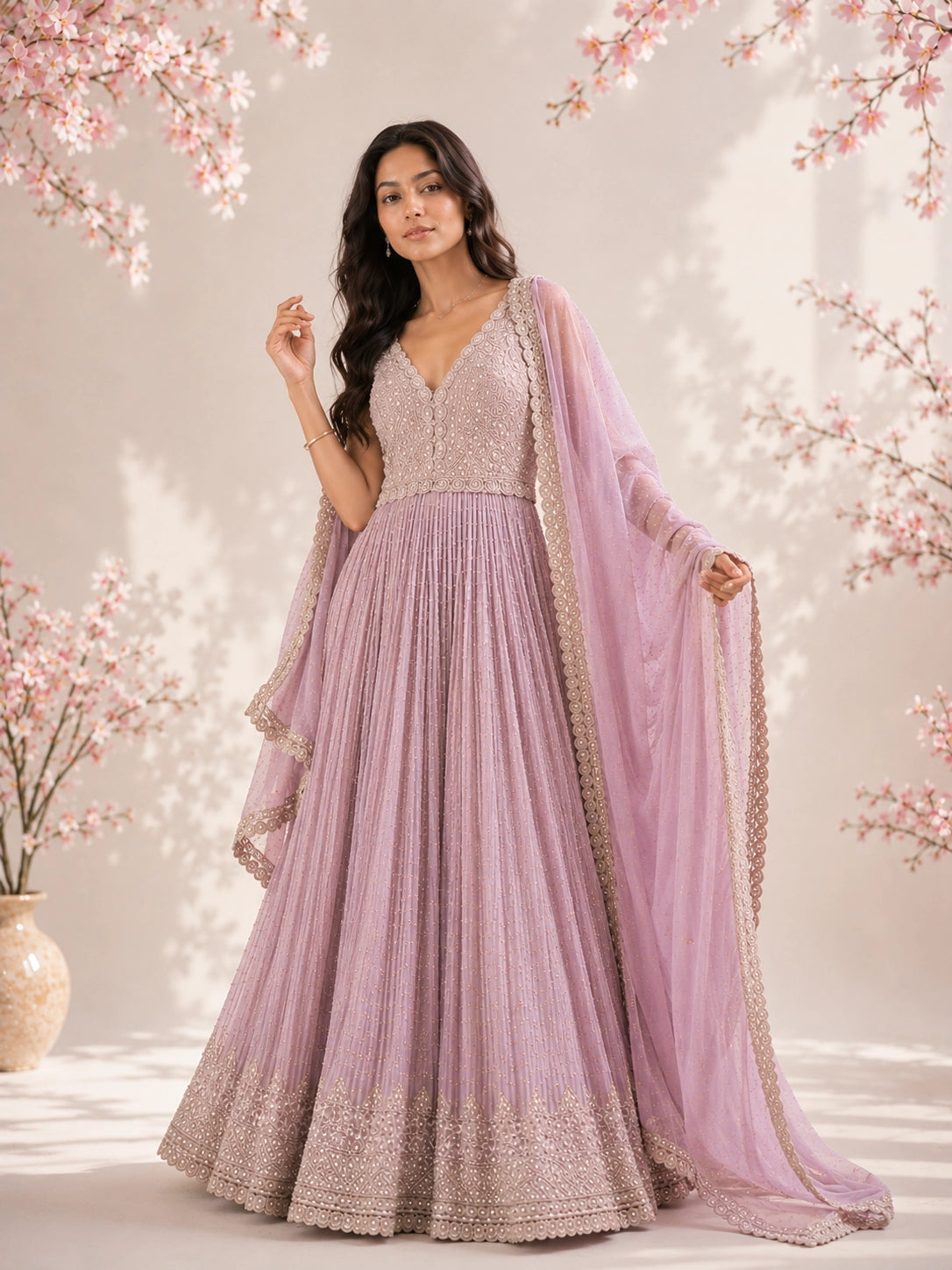 Model in a luxurious pink embroidered Anarkali gown with a flowing dupatta.