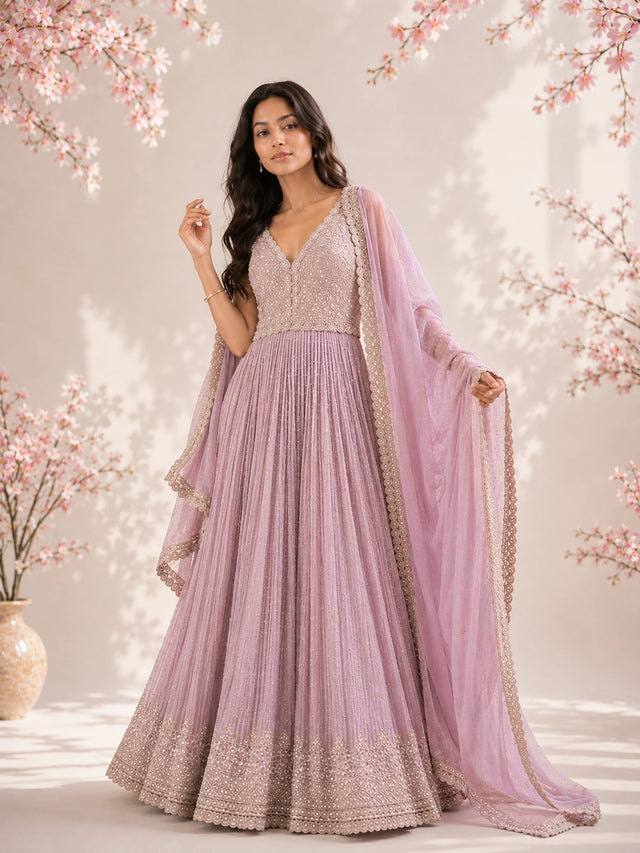 Model in a luxurious pink embroidered Anarkali gown with a flowing dupatta.