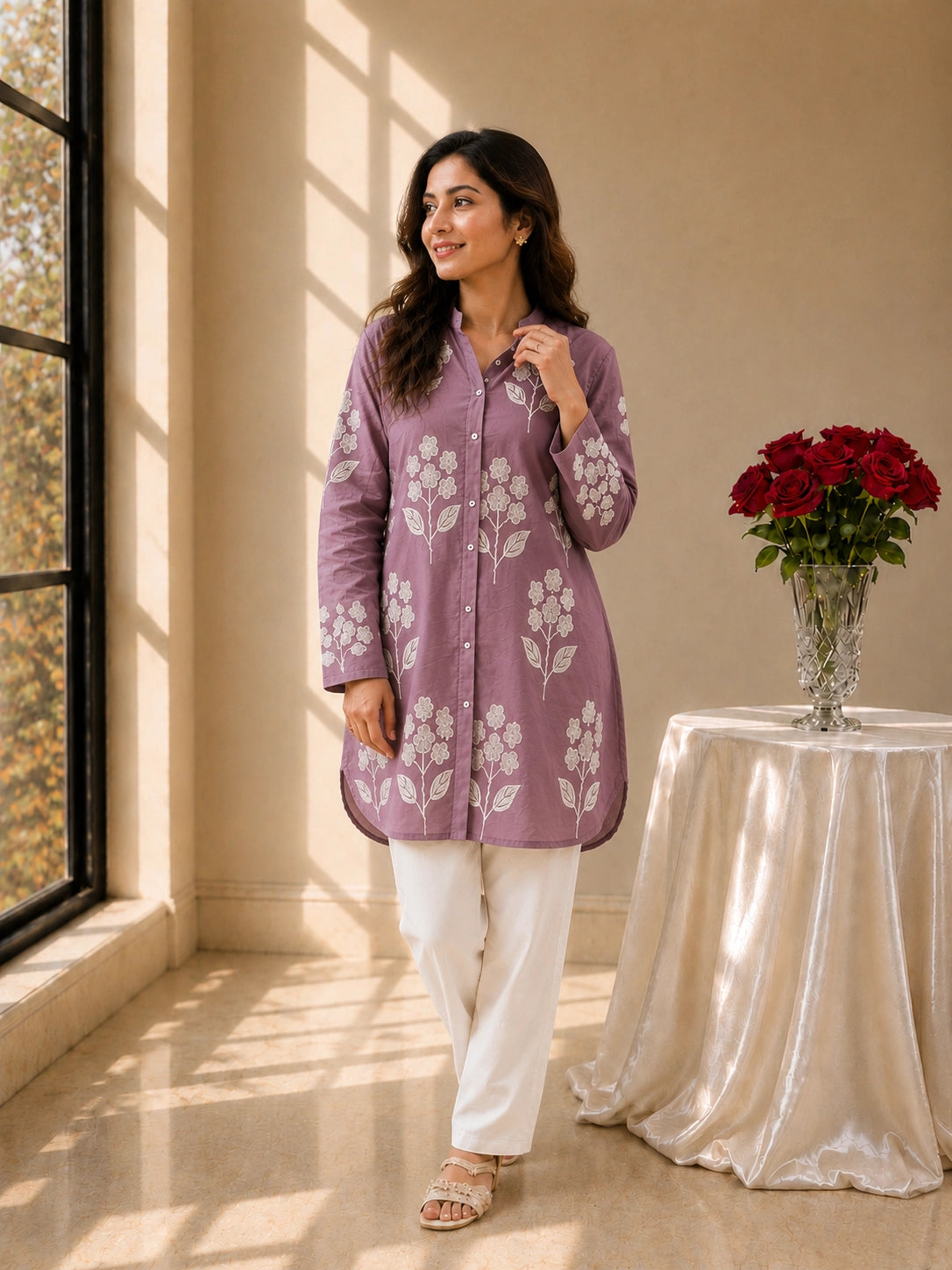 Smiling woman in a purple tunic with white floral embroidery and white pants.