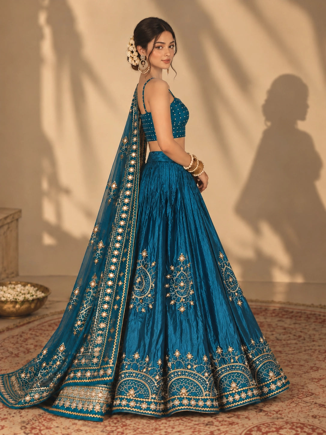Woman wearing a RAMA blue embroidered lehenga choli with gold and mirror work.