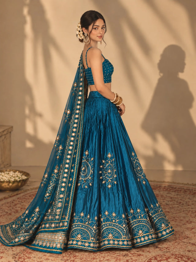 Woman wearing a RAMA blue embroidered lehenga choli with gold and mirror work.