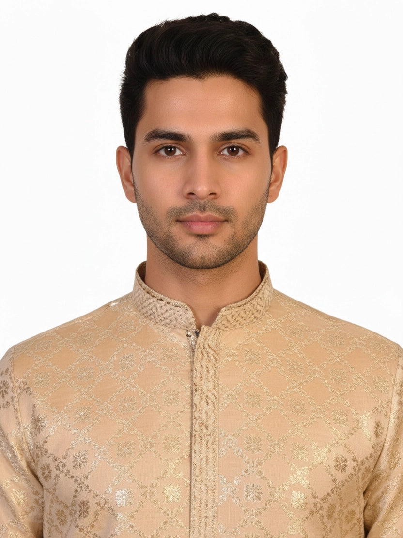Man wearing a multi-color jacquard woven Kurta Pajama with a mandarin collar and matching pants.