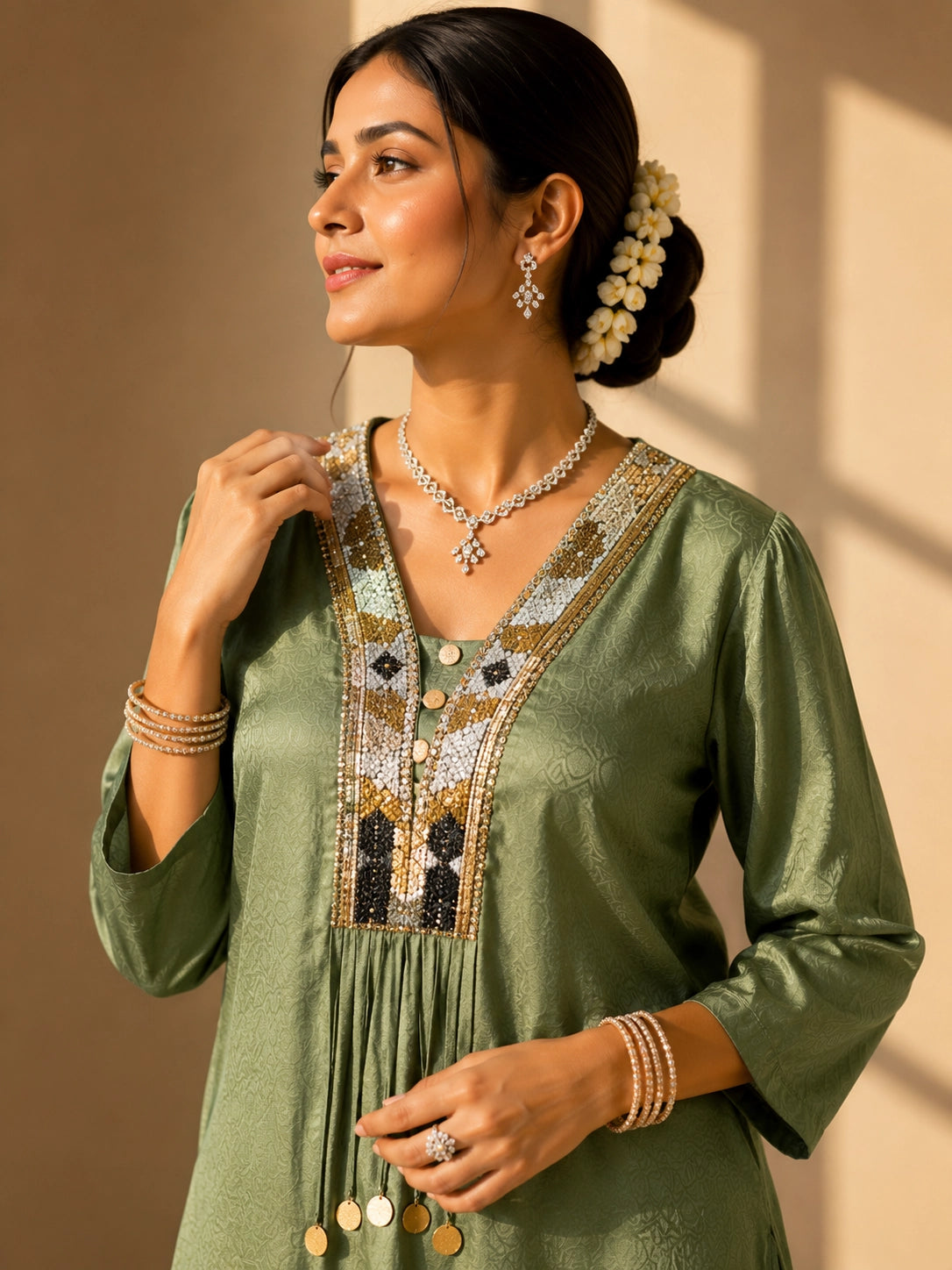 Woman wearing an elegant green textured kurti set with intricate embroidered neckline.