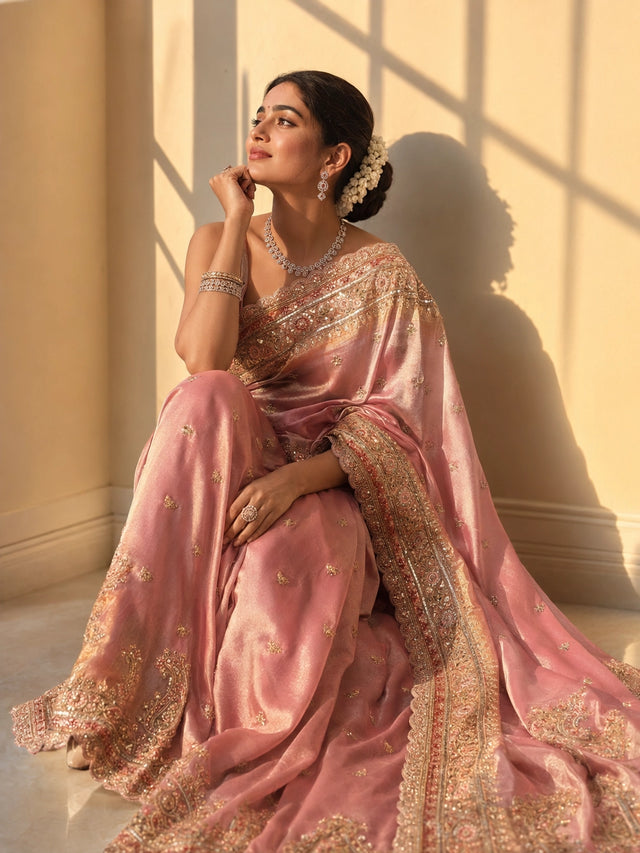 Woman elegantly draped in a shimmering onion pink saree with intricate gold embroidery.