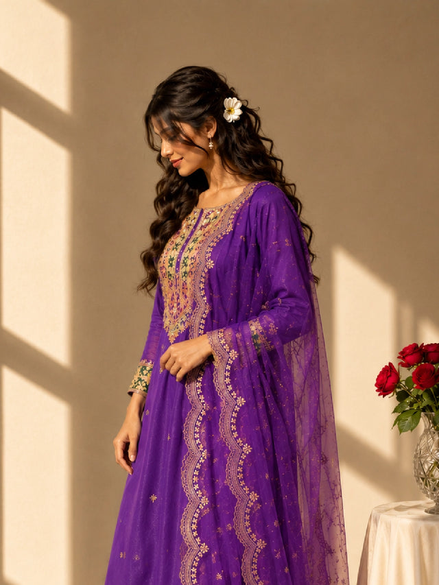 Elegant purple RM palazzo suit featuring detailed gold embroidery and a sheer scalloped dupatta.