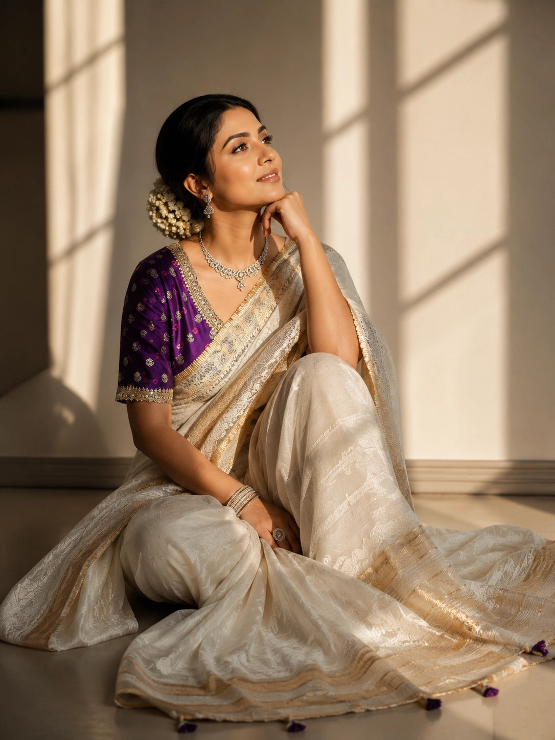 Woman in luxurious cream saree with gold border and embroidered purple blouse.