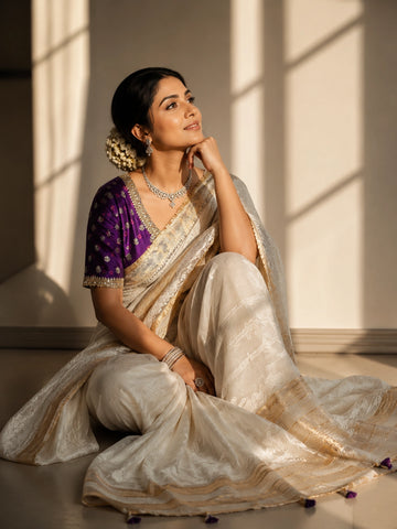 Woman in luxurious cream saree with gold border and embroidered purple blouse.