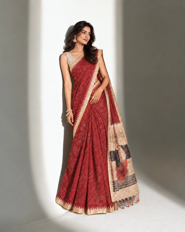 A woman in an elegant charcoal printed saree with an art-inspired beige pallu.