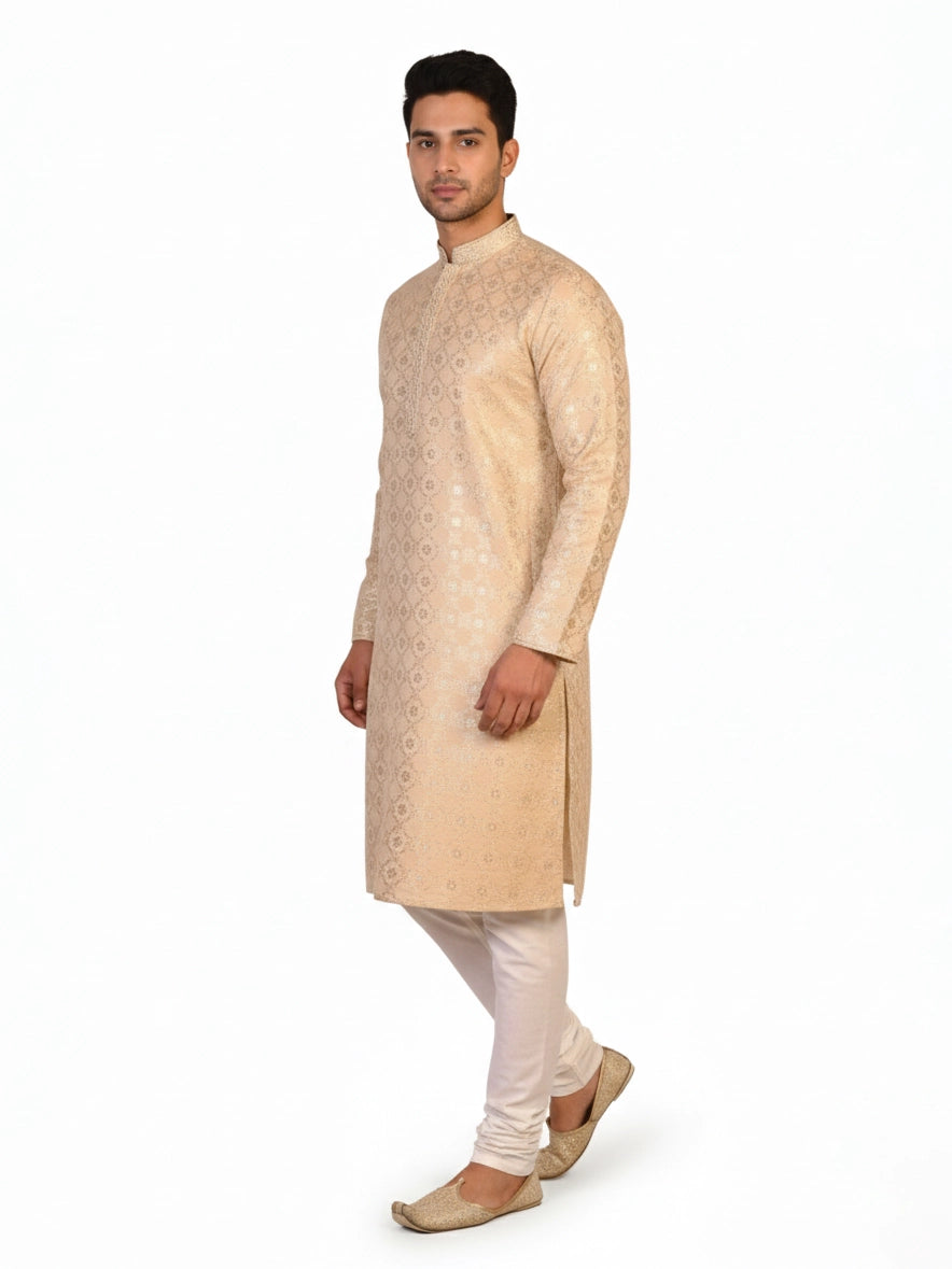 Man wearing a multi-color jacquard woven Kurta Pajama with a mandarin collar and matching pants.