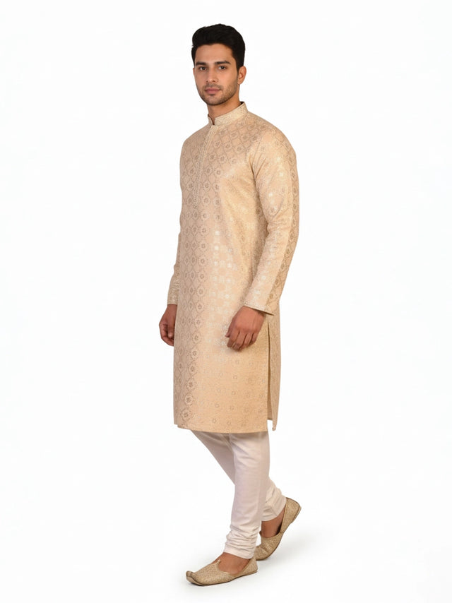 Man wearing a multi-color jacquard woven Kurta Pajama with a mandarin collar and matching pants.